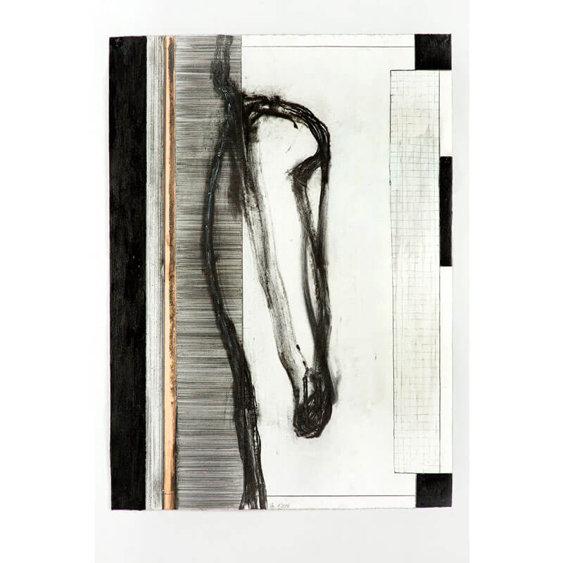 o.T., 2016, Kohle, Graphit, Lack, Collage auf Büttenpapier, H 79 cm, B 57 cm