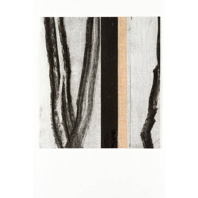 o.T., 2016, Kohle, Graphit, Lack, Collage auf Büttenpapier, H 15 cm, B 14 cm