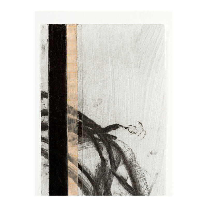 o.T., 2016, Kohle, Graphit, Lack, Collage auf Büttenpapier, H 19 cm, B 13 cm