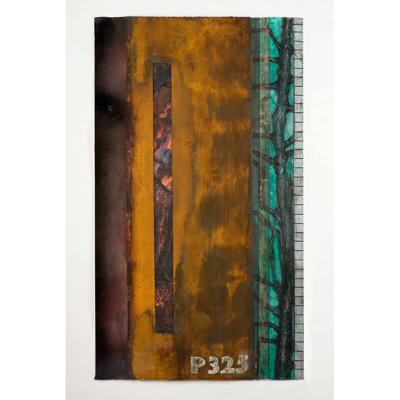 o.T., 2020, Kohle, Metallpulver, Acryl, Graphit, Collage <br>H 79 cm, B 57 cm