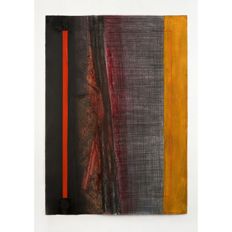 o.T., 2020, Kohle, Metallpulver, Acryl, Graphit, Collage <br>H 79 cm, B 57 cm