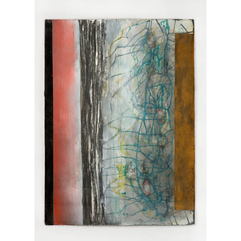 o.T., 2020, Kohle, Metallpulver, Acryl, Graphit, Collage <br>H 79 cm, B 57 cm