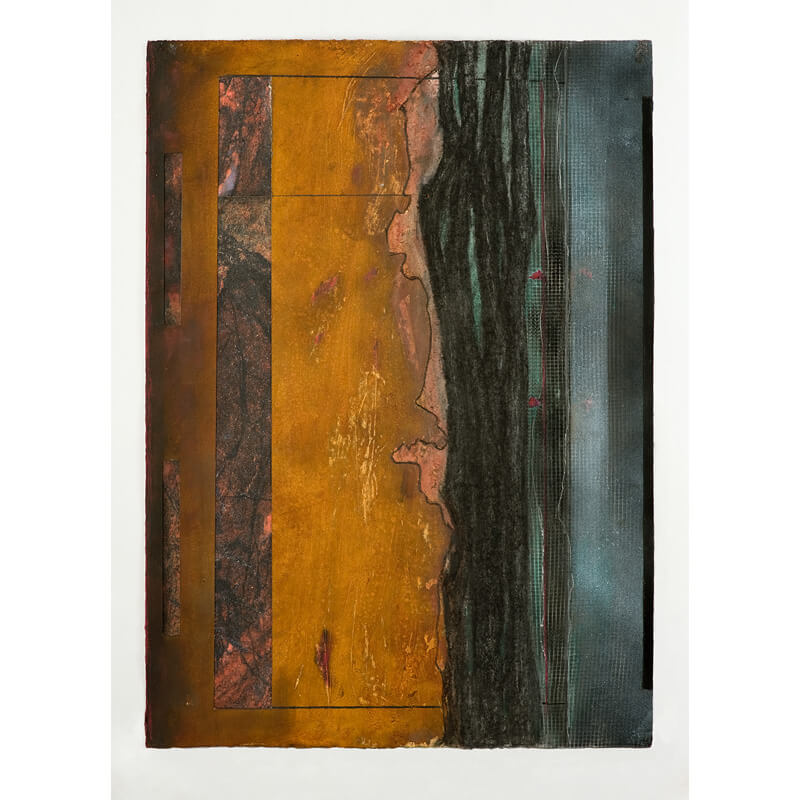 o.T., 2020, Kohle, Metallpulver, Acryl, Graphit, Collage <br>H 79 cm, B 57 cm
