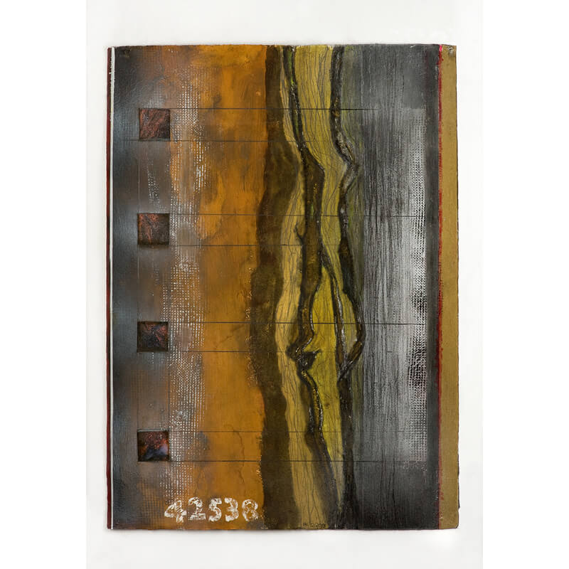 o.T., 2020, Kohle, Metallpulver, Acryl, Graphit, Collage <br>H 79 cm, B 57 cm