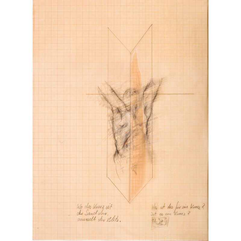 o.T., 1979, Bleistift, Farbstift, Collage auf geschichtetem transparentem Millimeterpapier, H 38 cm, B 28 cm