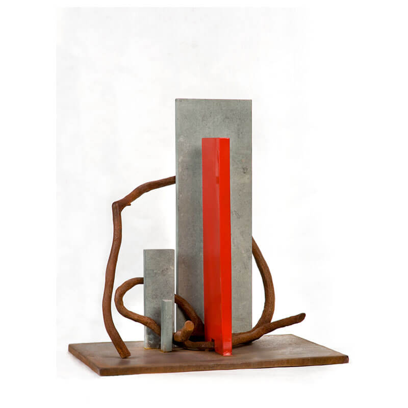 o.T. (a.d. Serie: Gebärde der Natur), 2012, Anröchter Dolomit, Eisenguss, Corten-Stahl, Lack, H 56 cm, B 52 cm, T 36 cm, Privatbesitz
