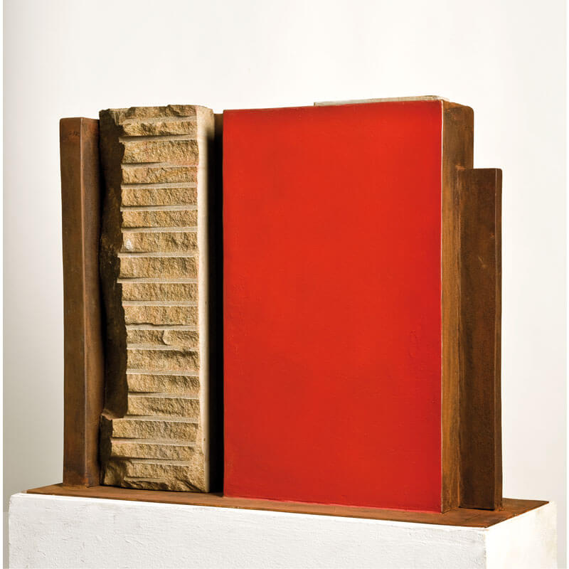 o.T., 2009, Ruhrsandstein, Corten-Stahl, Lack, H 61 cm, B 78 cm, T 25 cm