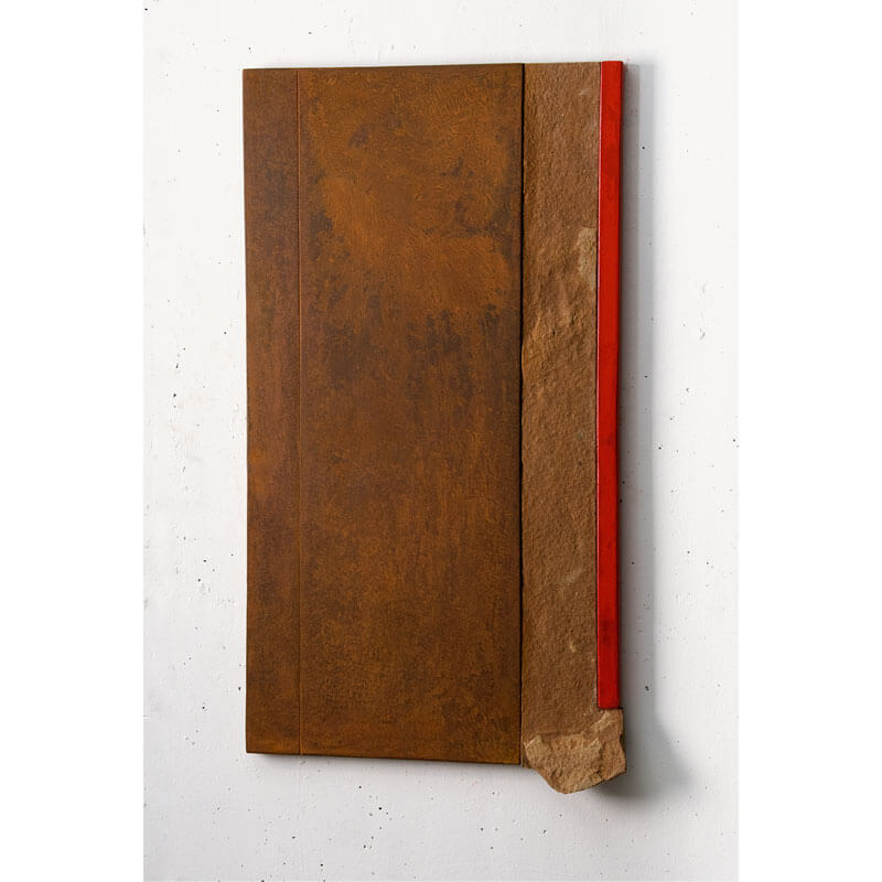 o.T., 2008 (Wandobjekt), Ruhrsandstein, Corten-Stahl, Lack H 100 cm, B 55 cm, T 6 cm, Privatbesitz