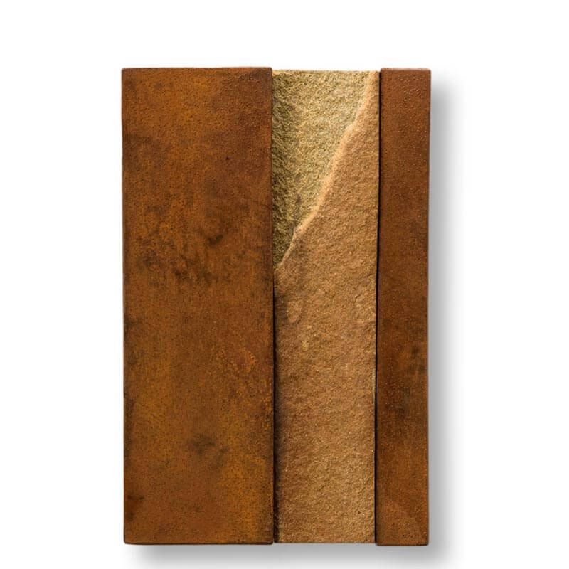 o.T., 2008 (Wandobjekt), Ruhrsandstein, Corten-Stahl, H 31 cm, B 20 cm, T 2,5 cm, Privatbesitz